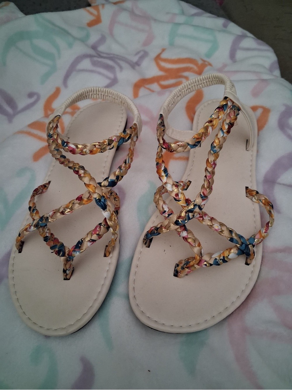 Women's Cream Braided Multicolor Strap Sandals